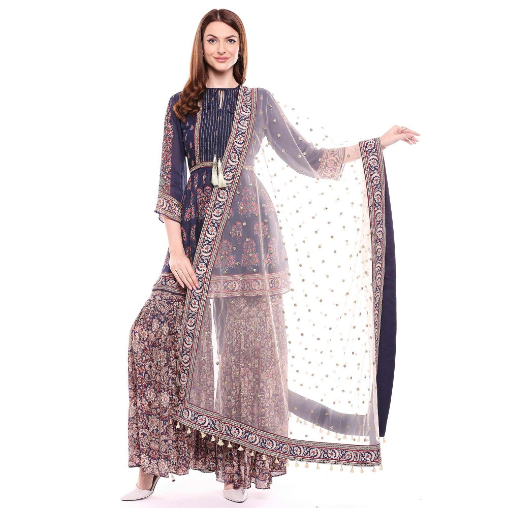 Soup by Sougat Paul Navy Blue Kurta With Sharara Pant & Dupatta - Customisable (Set of 3)