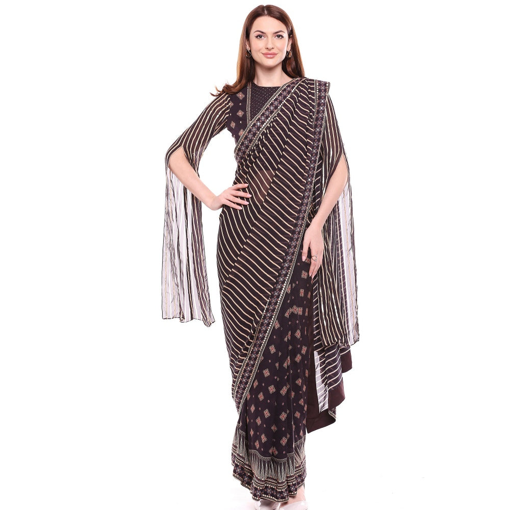 Soup by Sougat Paul Brown Stitched Blouse With Saree - Customisable (Set of 2)