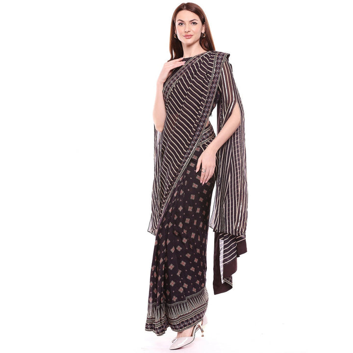 Soup by Sougat Paul Brown Stitched Blouse With Saree - Customisable (Set of 2)