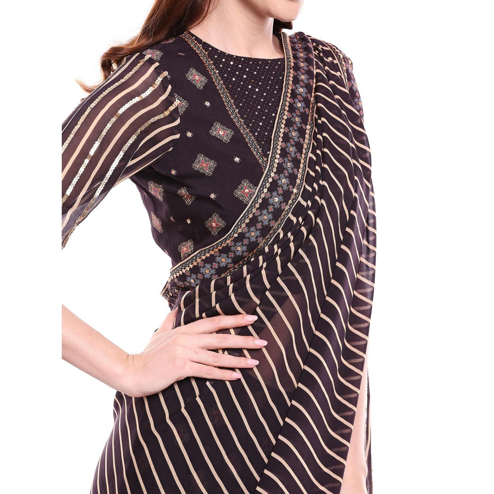 Soup by Sougat Paul Brown Stitched Blouse With Saree - Customisable (Set of 2)