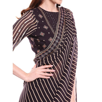 Soup by Sougat Paul Brown Stitched Blouse With Saree - Customisable (Set of 2)