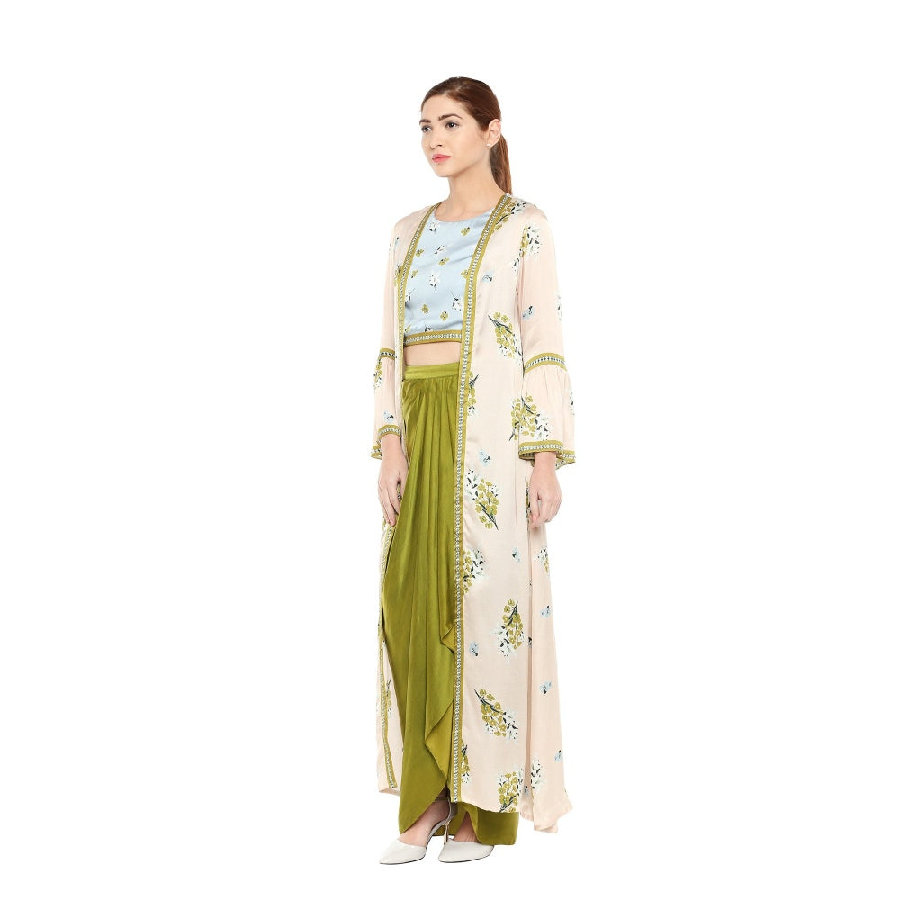 Soup by Sougat Paul Crop Top And Drape Skirt With Long Jacket - Customisable (Set of 3)