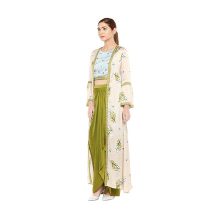 Soup by Sougat Paul Crop Top And Drape Skirt With Long Jacket - Customisable (Set of 3)