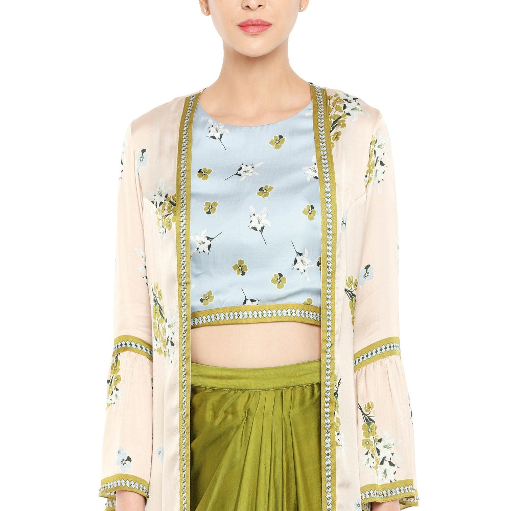Soup by Sougat Paul Crop Top And Drape Skirt With Long Jacket - Customisable (Set of 3)