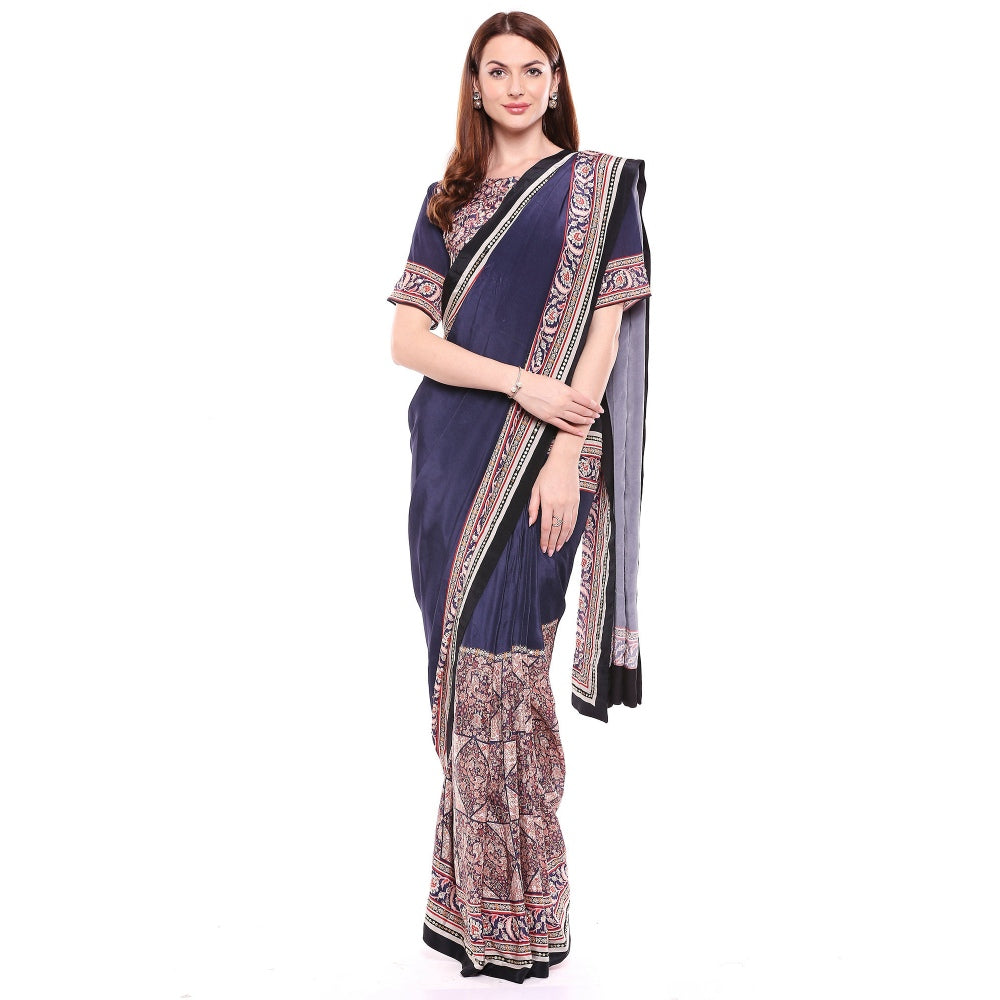 Soup by Sougat Paul Navy Blue Stitched Blouse & Saree - Customisable (Set of 2)