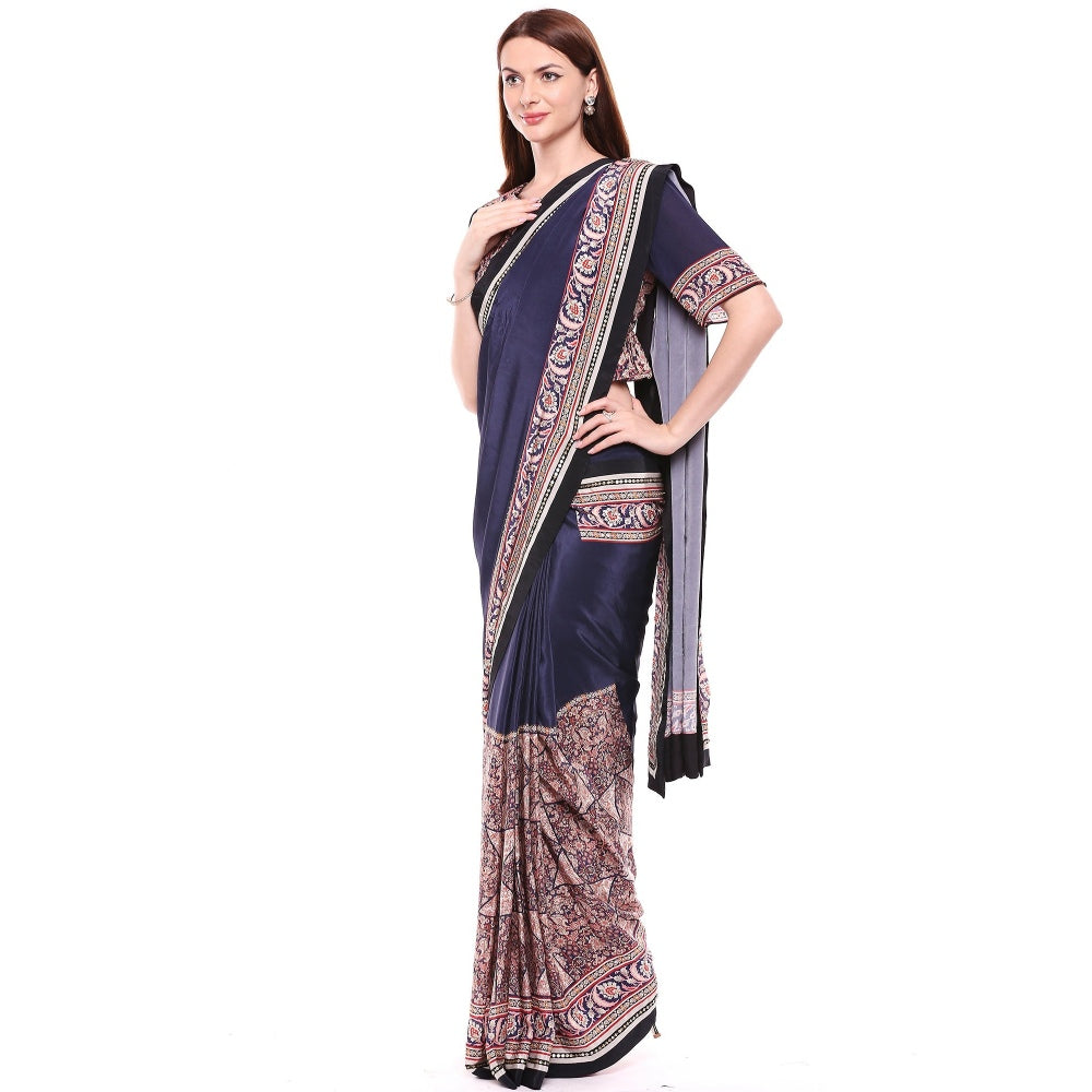 Soup by Sougat Paul Navy Blue Stitched Blouse & Saree - Customisable (Set of 2)