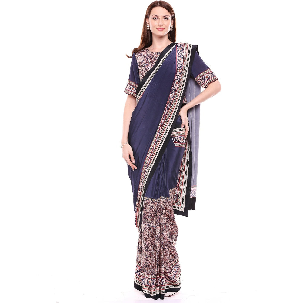 Soup by Sougat Paul Navy Blue Stitched Blouse & Saree - Customisable (Set of 2)