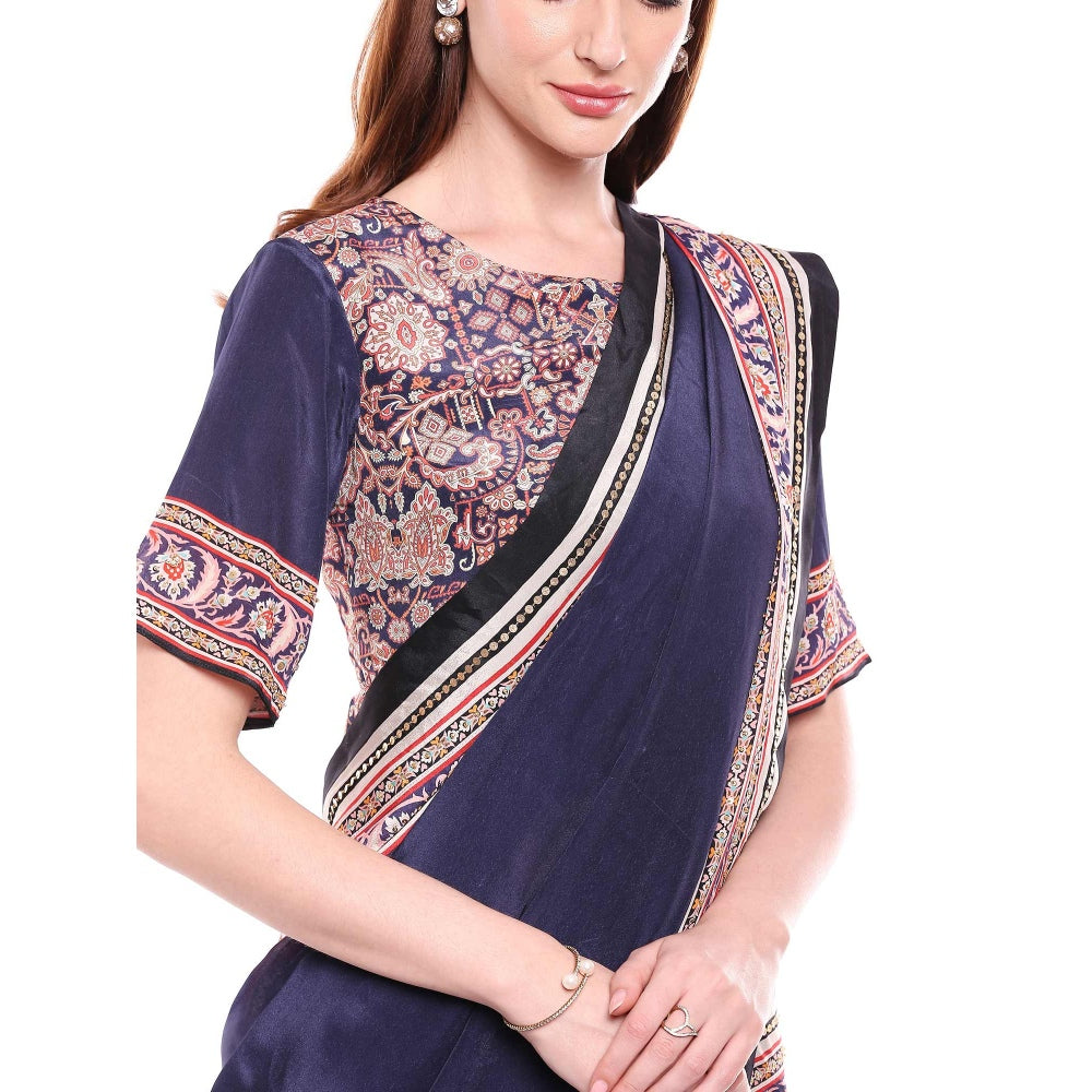 Soup by Sougat Paul Navy Blue Stitched Blouse & Saree - Customisable (Set of 2)