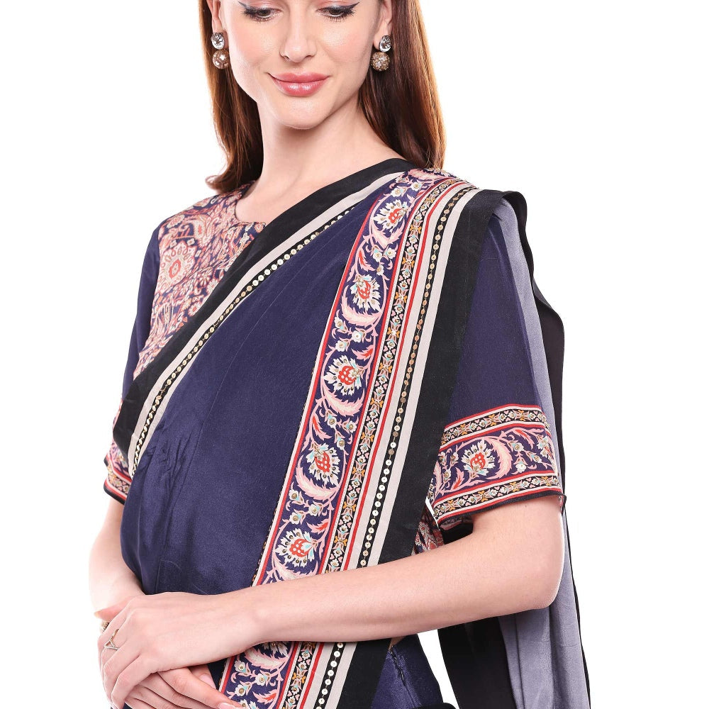 Soup by Sougat Paul Navy Blue Stitched Blouse & Saree - Customisable (Set of 2)