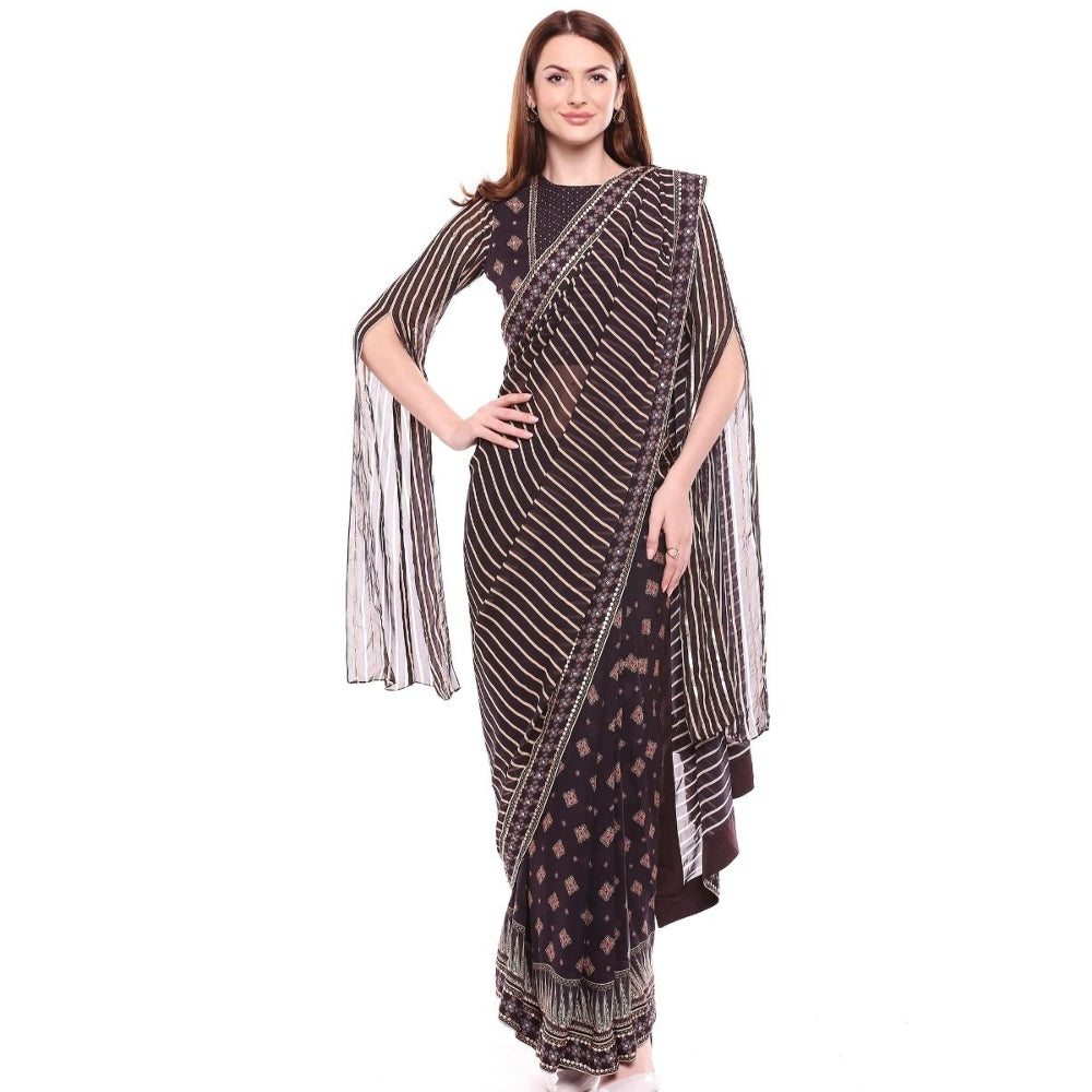 Soup by Sougat Paul Brown Stitched Blouse & Saree - Customisable (Set of 2)