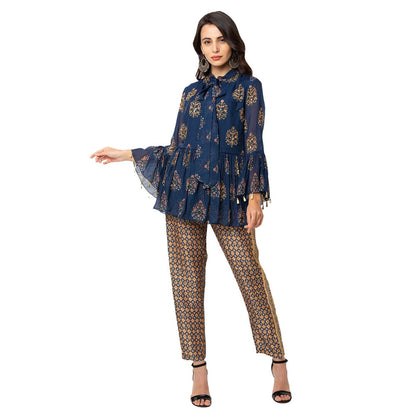 Soup by Sougat Paul Navy Blue Embroidered Pants And Top (Set of 2)