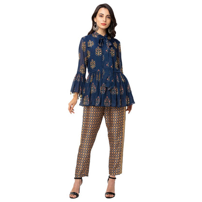 Soup by Sougat Paul Navy Blue Embroidered Pants And Top (Set of 2)