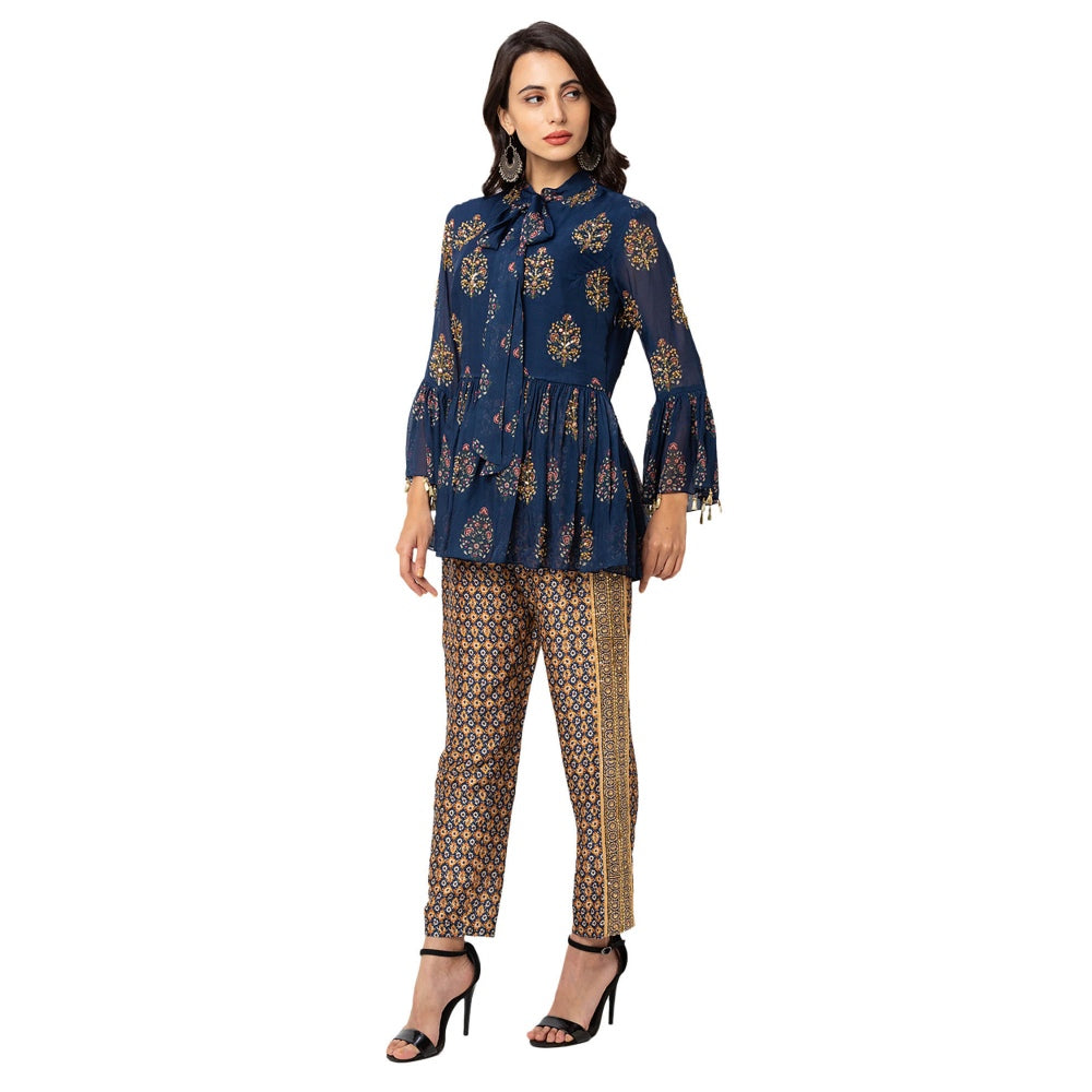 Soup by Sougat Paul Navy Blue Embroidered Pants And Top (Set of 2)