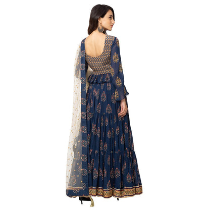 Soup by Sougat Paul Navy Blue Printed Flat Chiffon Top & Chiffon Skirt (Set of 3)