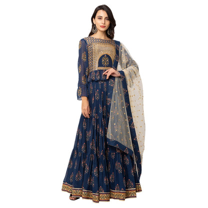 Soup by Sougat Paul Navy Blue Printed Flat Chiffon Top & Chiffon Skirt (Set of 3)