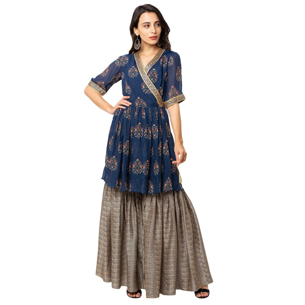 Soup by Sougat Paul Navy Blue Printed Wrap Top With Peplum (Set of 2)