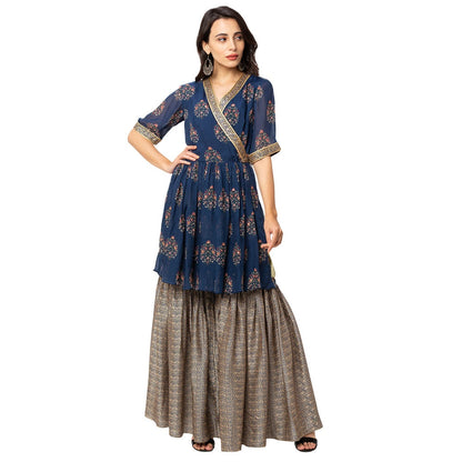 Soup by Sougat Paul Navy Blue Printed Wrap Top With Peplum (Set of 2)