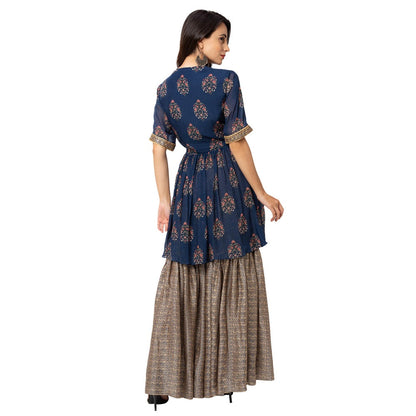 Soup by Sougat Paul Navy Blue Printed Wrap Top With Peplum (Set of 2)