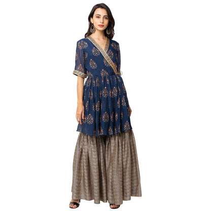 Soup by Sougat Paul Navy Blue Printed Wrap Top With Peplum (Set of 2)