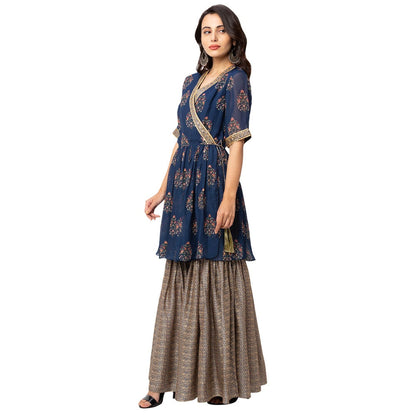 Soup by Sougat Paul Navy Blue Printed Wrap Top With Peplum (Set of 2)