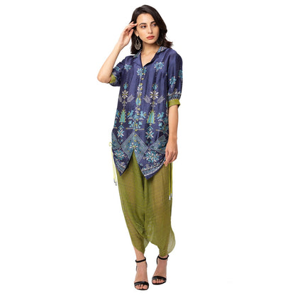 Soup by Sougat Paul Dark Blue Printed Collar Tunic With Dhoti Pants (Set of 2)