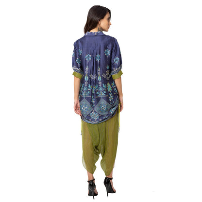 Soup by Sougat Paul Dark Blue Printed Collar Tunic With Dhoti Pants (Set of 2)