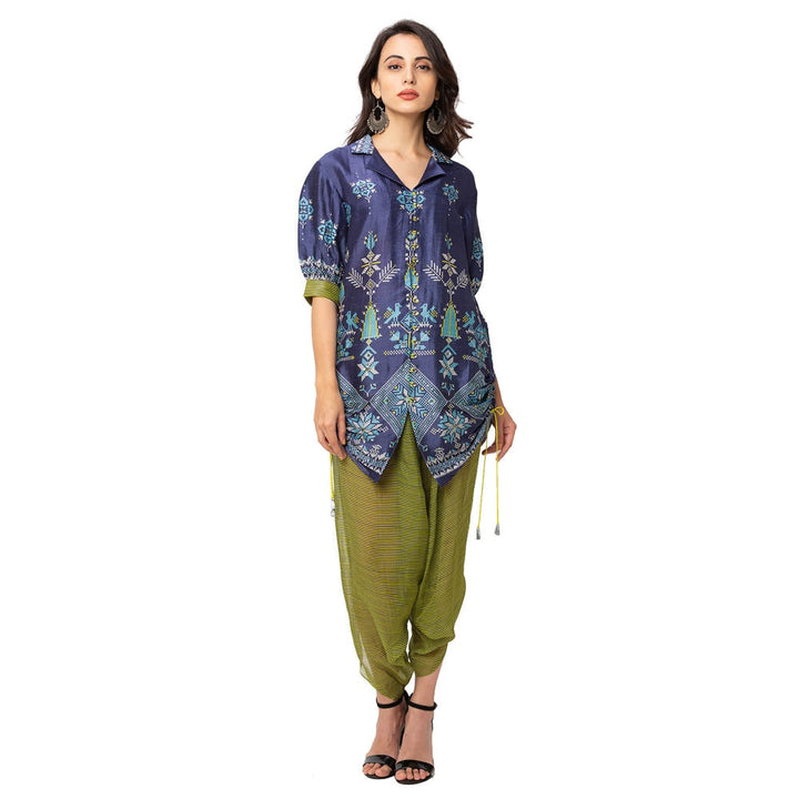 Soup by Sougat Paul Dark Blue Printed Collar Tunic With Dhoti Pants (Set of 2)
