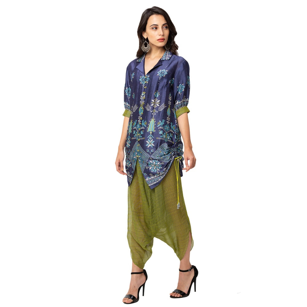 Soup by Sougat Paul Dark Blue Printed Collar Tunic With Dhoti Pants (Set of 2)