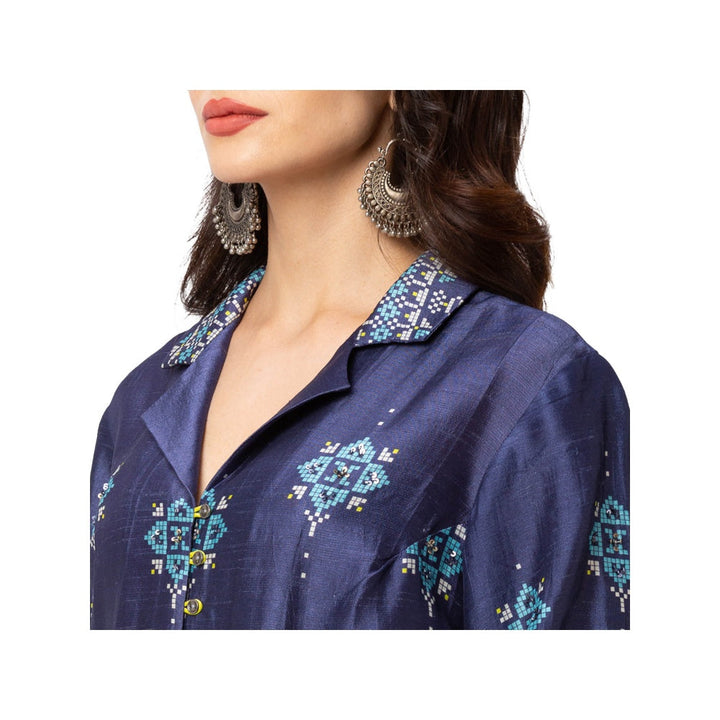Soup by Sougat Paul Dark Blue Printed Collar Tunic With Dhoti Pants (Set of 2)