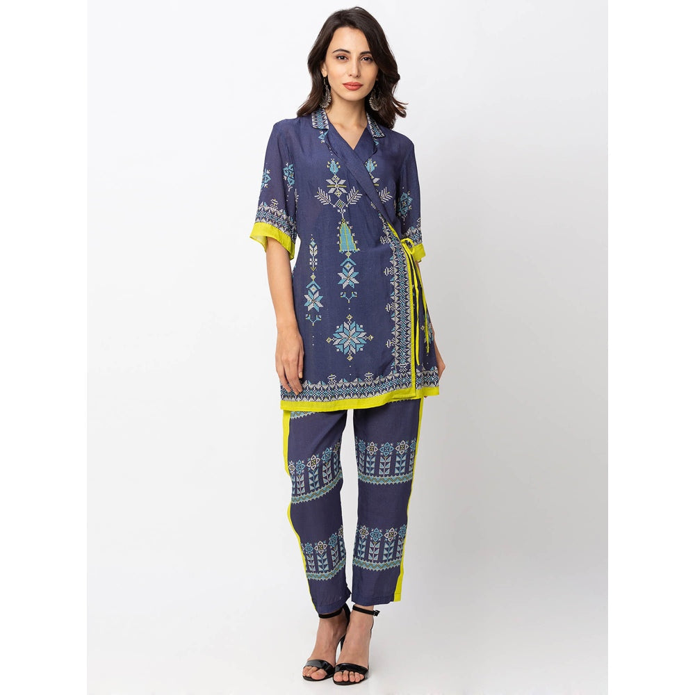 Soup by Sougat Paul Dark Blue Printed Overlap Kurta With Pants (Set of 2)