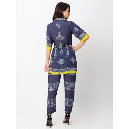 Soup by Sougat Paul Dark Blue Printed Overlap Kurta With Pants (Set of 2)
