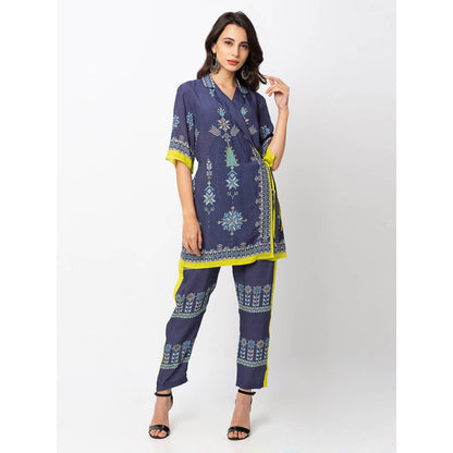 Soup by Sougat Paul Dark Blue Printed Overlap Kurta With Pants (Set of 2)