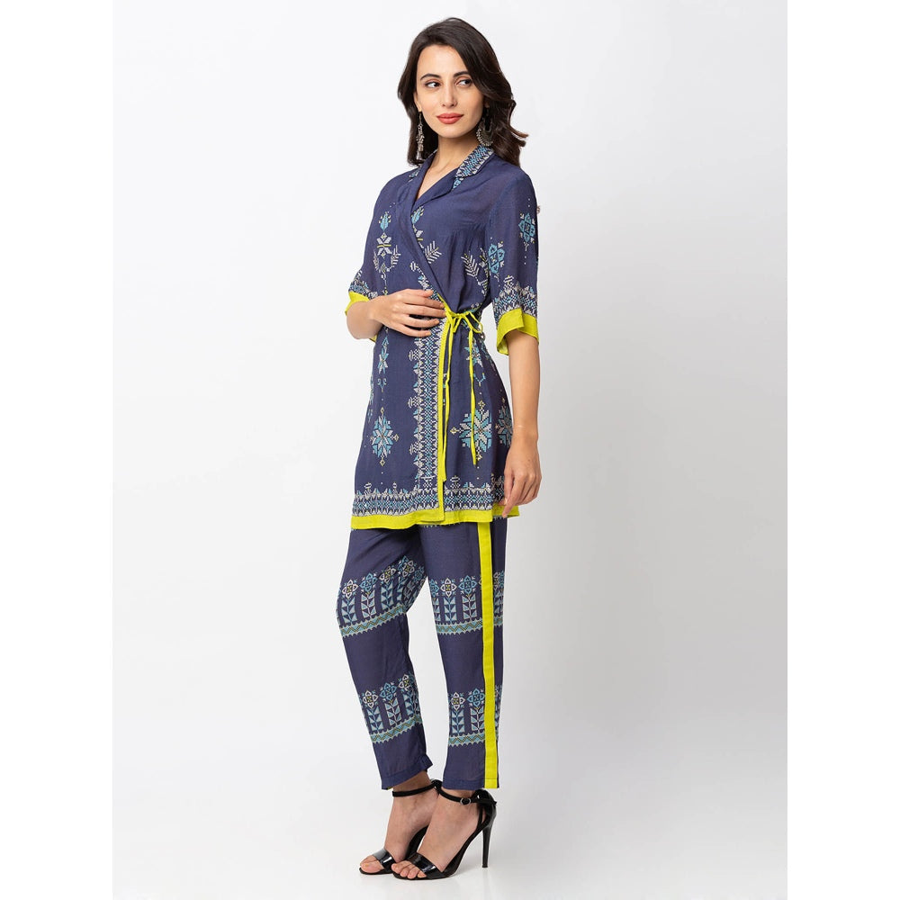Soup by Sougat Paul Dark Blue Printed Overlap Kurta With Pants (Set of 2)