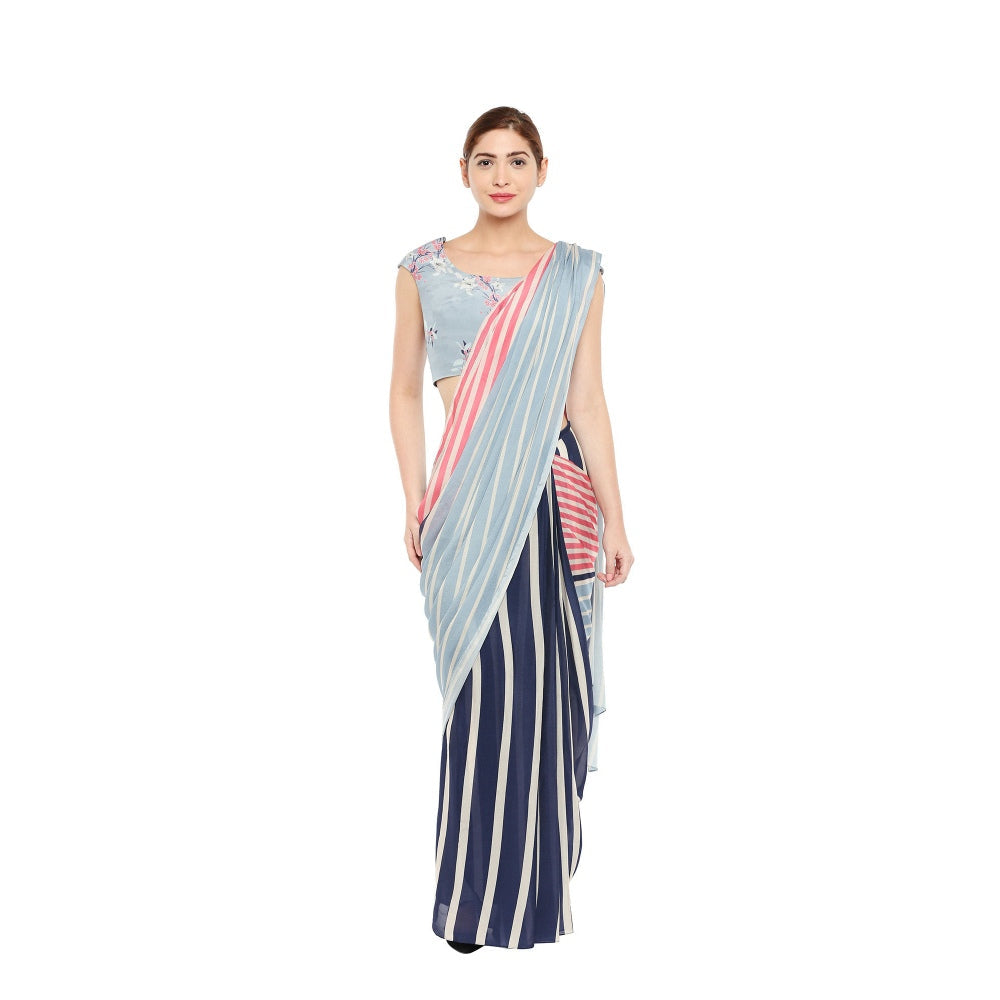Soup by Sougat Paul Floral Printed Blouse With Striped Saree - Customisable (Set of 2)