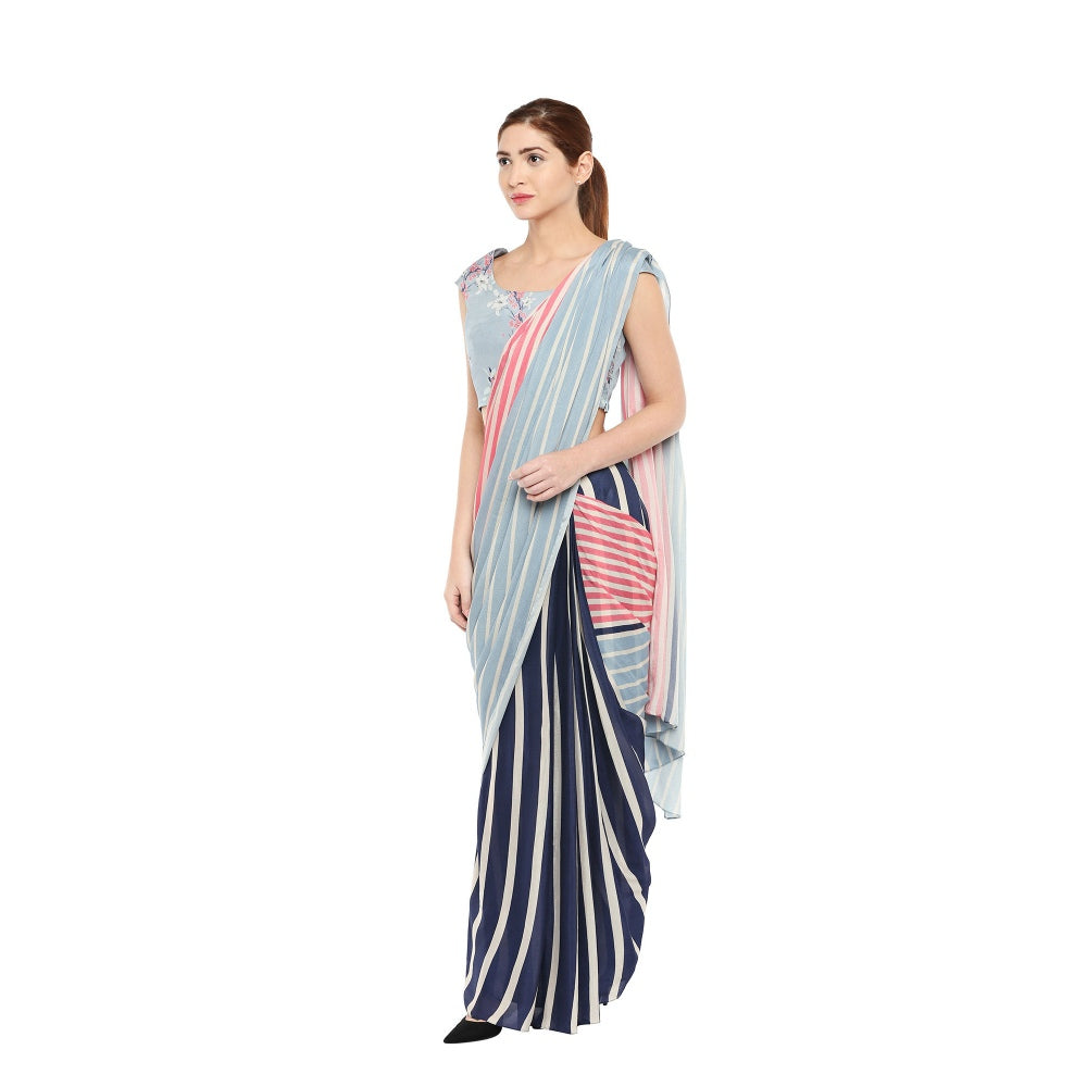 Soup by Sougat Paul Floral Printed Blouse With Striped Saree - Customisable (Set of 2)