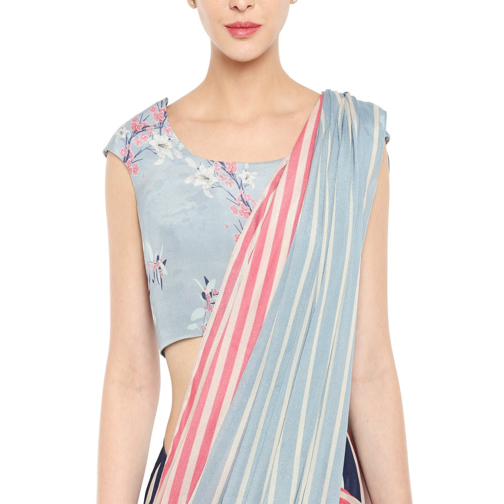 Soup by Sougat Paul Floral Printed Blouse With Striped Saree - Customisable (Set of 2)