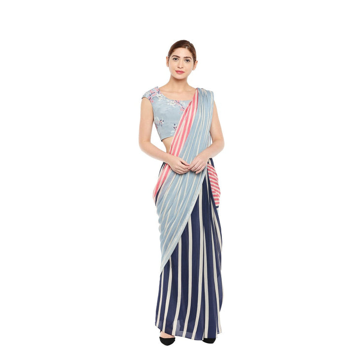 Soup by Sougat Paul Floral Printed Blouse With Striped Saree - Customisable (Set of 2)