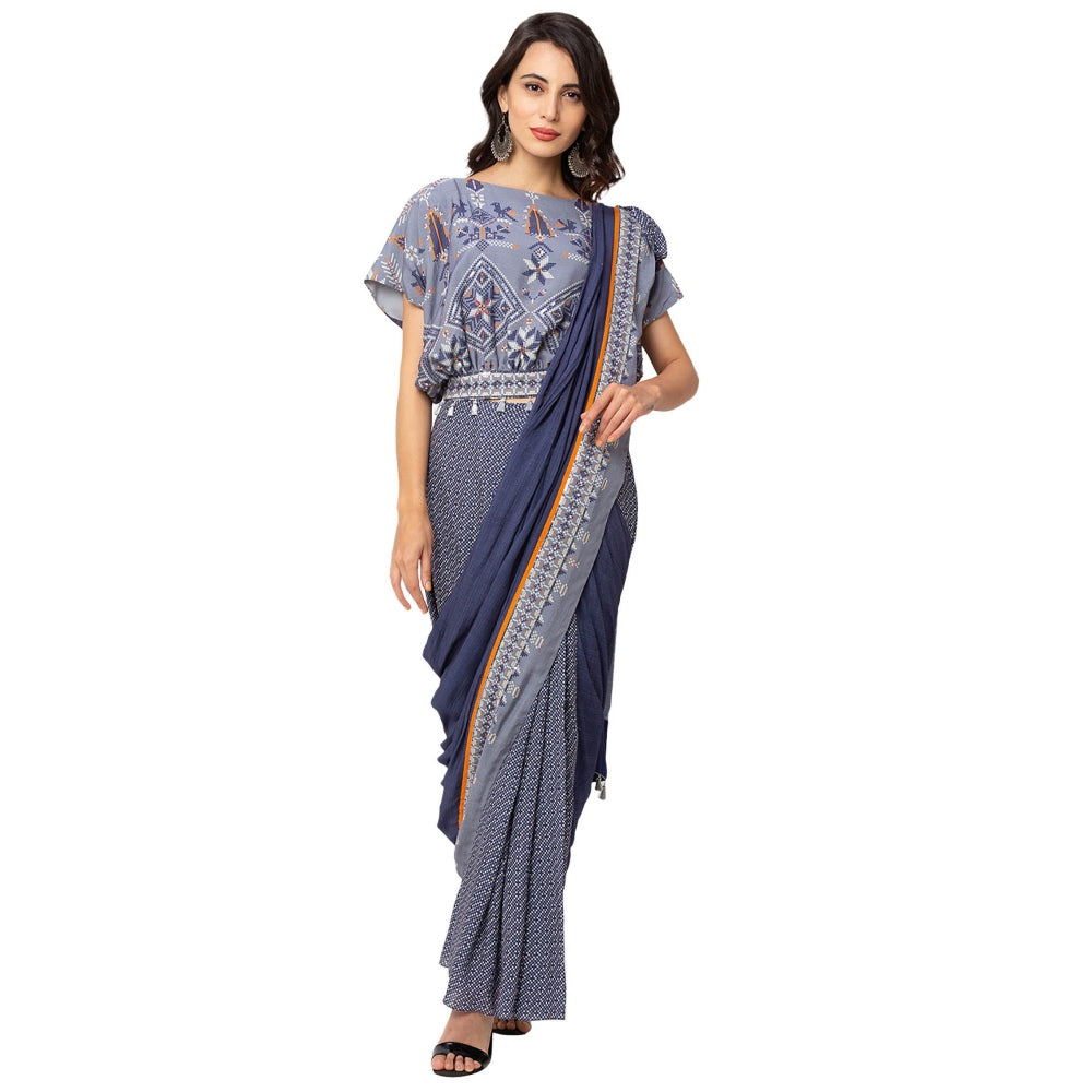 Soup by Sougat Paul Powder Blue Printed Saree And Top (Set of 2)