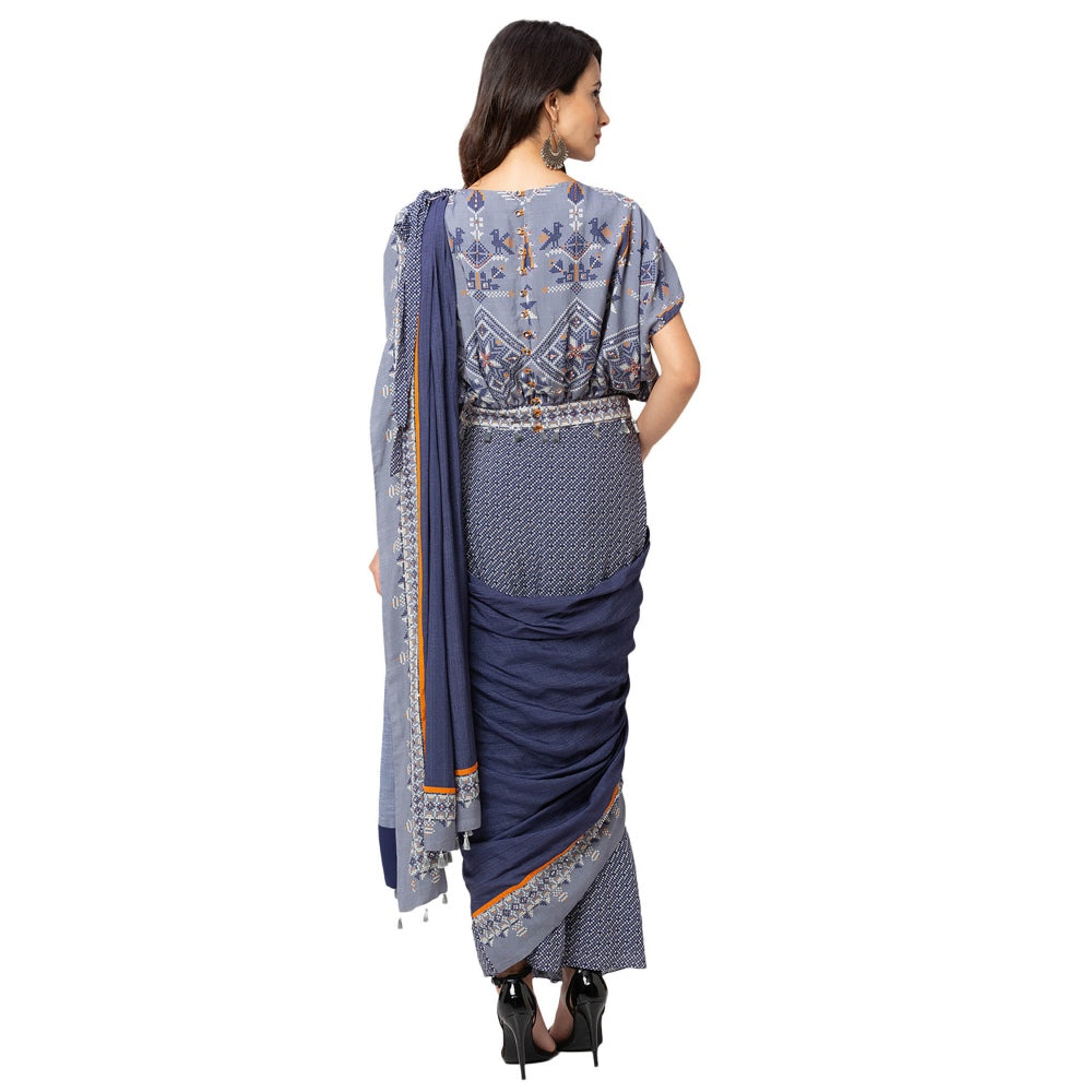 Soup by Sougat Paul Powder Blue Printed Saree And Top (Set of 2)