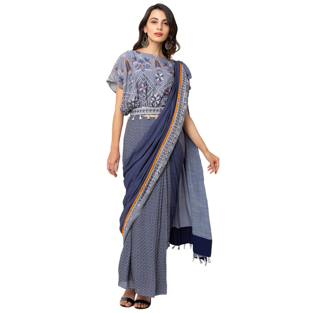Soup by Sougat Paul Powder Blue Printed Saree And Top (Set of 2)