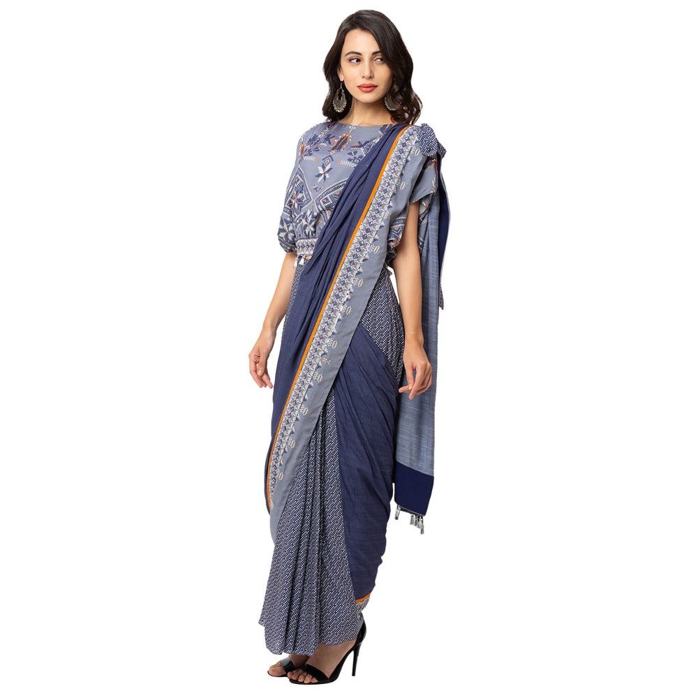 Soup by Sougat Paul Powder Blue Printed Saree And Top (Set of 2)