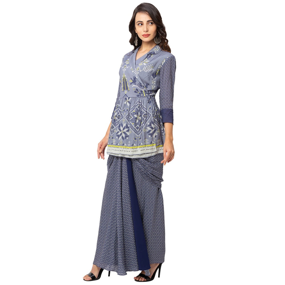 Soup by Sougat Paul Powder Blue Printed Jacket And Skirt (Set of 2)