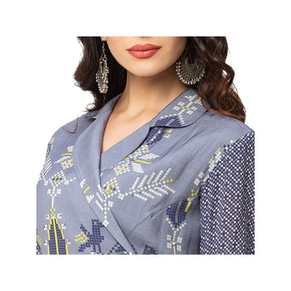 Soup by Sougat Paul Powder Blue Printed Jacket And Skirt (Set of 2)