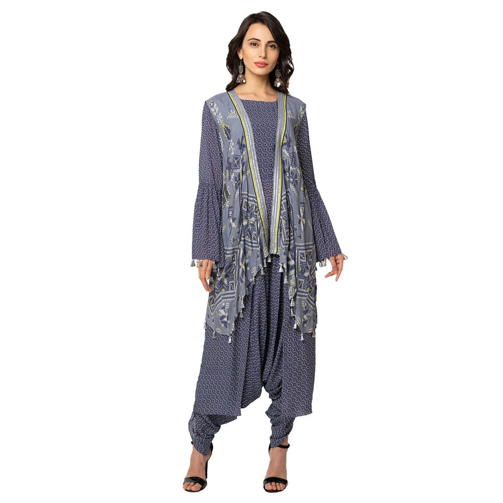 Soup by Sougat Paul Powder Blue Printed Jumpsuit With Sleeveless Jacket (Set of 2)