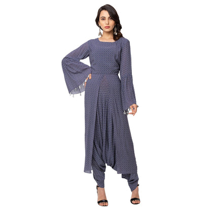 Soup by Sougat Paul Powder Blue Printed Jumpsuit With Sleeveless Jacket (Set of 2)