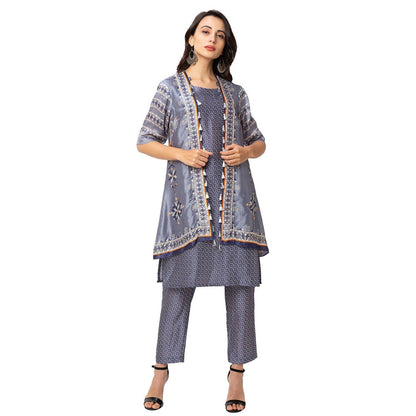 Soup by Sougat Paul Powder Blue Printed Sleeveless Jacket With Kurta And Bottom (Set of 3)