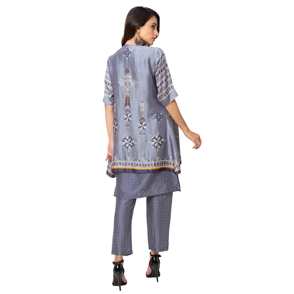 Soup by Sougat Paul Powder Blue Printed Sleeveless Jacket With Kurta And Bottom (Set of 3)