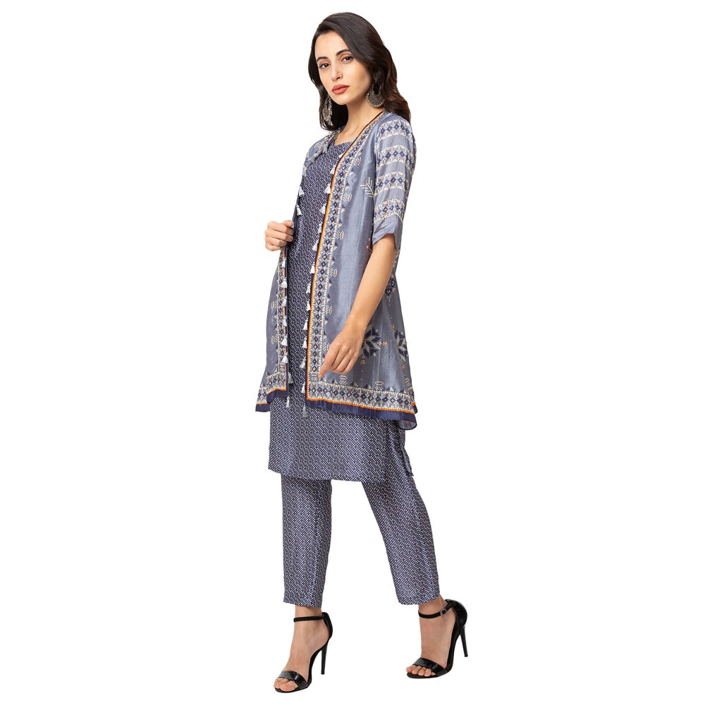 Soup by Sougat Paul Powder Blue Printed Sleeveless Jacket With Kurta And Bottom (Set of 3)