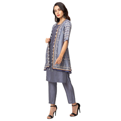 Soup by Sougat Paul Powder Blue Printed Sleeveless Jacket With Kurta And Bottom (Set of 3)