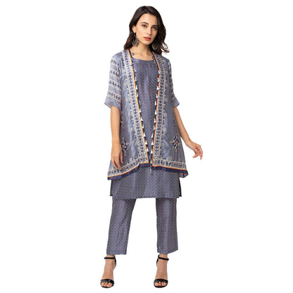 Soup by Sougat Paul Powder Blue Printed Sleeveless Jacket With Kurta And Bottom (Set of 3)